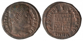 Constantine I, 307/310-337. Follis (bronze, 3.74 g, 19 mm), Nicomedia. CONSTANTINVS AVG Laureate head right. Rev. PROVIDENTIAE AVGG Camp gate, with tw...