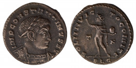 Constantine I, 307/310-337. Nummus (bronze, 3.40 g, 21 mm). Lugdunum, 307-308. IMP CONSTANTINVS P F AVG, laureate and draped bust to right. Rev. SOLI ...