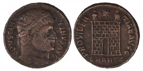 Constantine I, 307/310-337. Follis (bronze, 2.35 g, 18 mm), Antioch, struck 325-326. CONSTANTINVS AVG Laureate head right. Rev. PROVIDENTIAE AVGG Camp...