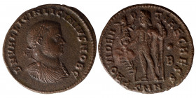 Licinius II, Caesar, 317 – 324. Follis (bronze, 2.63 g, 18 mm), Nicomedia 317-320. DN VAL LICIN LICINIVS NOB C Laureate, draped and cuirassed bust r. ...