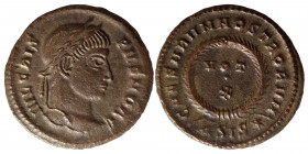 Crispus, Caesar, 316-326. Follis (bronze, 2.77 g, 19 mm), Siscia. IVL CRISPVS NOB C. Laureate head right. Rev. CAESARVM NOSTRORVM / ASIS*. VOT / X in ...