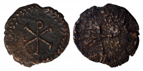 MEROVINGIANS. Childebert I, 511-558. Nummus (Bronze, 0.93 g, 15 mm) Marseille. Christogram within wreath. Rev. Cross within beaded circle. Belfort 545...