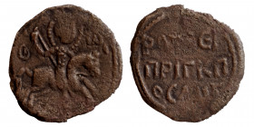 CRUSADERS. Antioch. Roger of Salerno, regent, 1112-1119. Follis (Bronze,2.14 g, 22 mm ). O-A in monogram form ΓEωP St. George, nimbate, on horseback t...