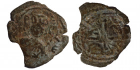 CRUSADERS. Antioch. Bohémond II, 1112-1130. Follis (Bronze, 2.10 g , 25 mm). Nimbate bust of St. Peter facing, wearing tunic, raising his right hand i...