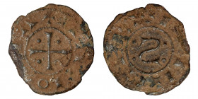 CRUSADERS. Antioch. Bohémond III, 1149-1163. Denier (Bronze, 0.38 g, 16 mm) +PRIN•CEPS, retrograde S flanked by four pellets. Rev. +ANTIO•hIA, cross p...