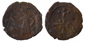 CRUSADERS. Edessa. Baldwin II, second reign, 1108-1118. Follis (Bronze, 2.41 g, 22.5 mm). [B/Α/Γ -Δ/Ο/Ι/N] Baldwin II, wearing armor and conical helme...