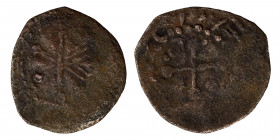 CRUSADERS. Tripoli or Uncertain Syria. Anonymous, 1250-1268. Pougeoise (bronze, 0.87 g, 17 mm). Six-rayed chrismon pommete. Rev. Quasi-Latin inscripti...