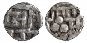 AMIRS OF MULTAN, Munabbih, 9th century, AR damma (silver, 0.55 g, 9 mm). 3-line Nagari text. Rev. Triplet of pellets, Nagari text in upper area, Arabi...