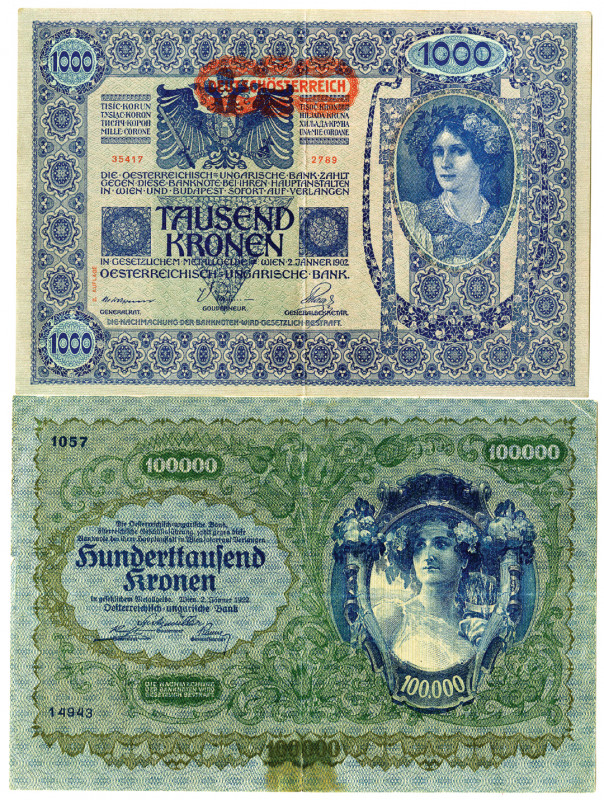 Austrian Issued Banknote Pair, ca. 1902-1922
Austria..... 2 pieces: Austro-Hung...