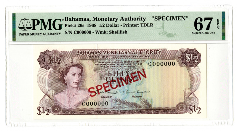 Bahamas Monetary Authority. 1968. Specimen Note.
Bahamas. 1968. 1/2 Dollar, P-2...