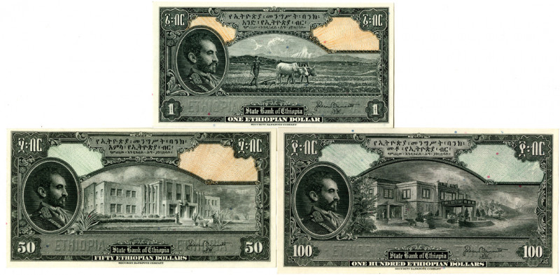 State Bank of Ethiopia, ND (1945) Issued Banknote Trio
Ethiopia...., ND (1945)....