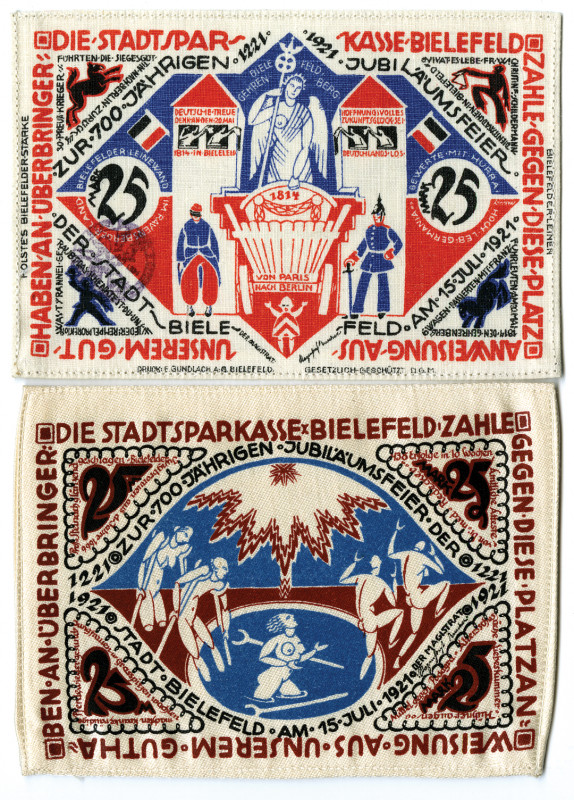 Germany, City of Bielefeld. 1922. Issued Linen and Silk Notgeld Note Pair.
Biel...