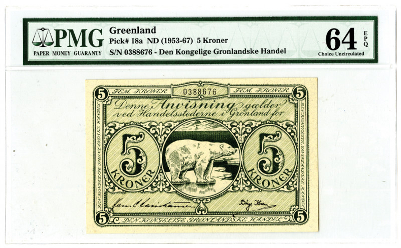 Greenland, ND (1953-67) Polar Bear Issued Banknote
Greenland. ND (1953-67). 5 K...