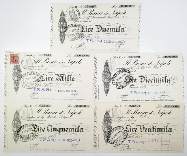 Banco di Napoli. 1932-1933. Lot of 5 Issued Interest Bearing Notes - Similar to ...