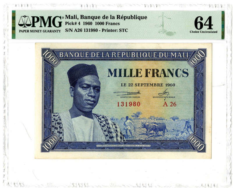 Banque de la Republique. 1960. Issue Banknote
Mali, 1960. 1000 Francs, P-4, Iss...