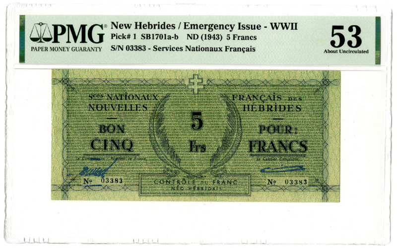 New Hebrides, Services Nationaux Francais, ND (1943) Emergency Issue Banknote
N...