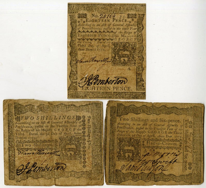 Pennsylvania Colonial Currency Trio, April 3rd, 1772 
Pennsylvania, April 3rd, ...