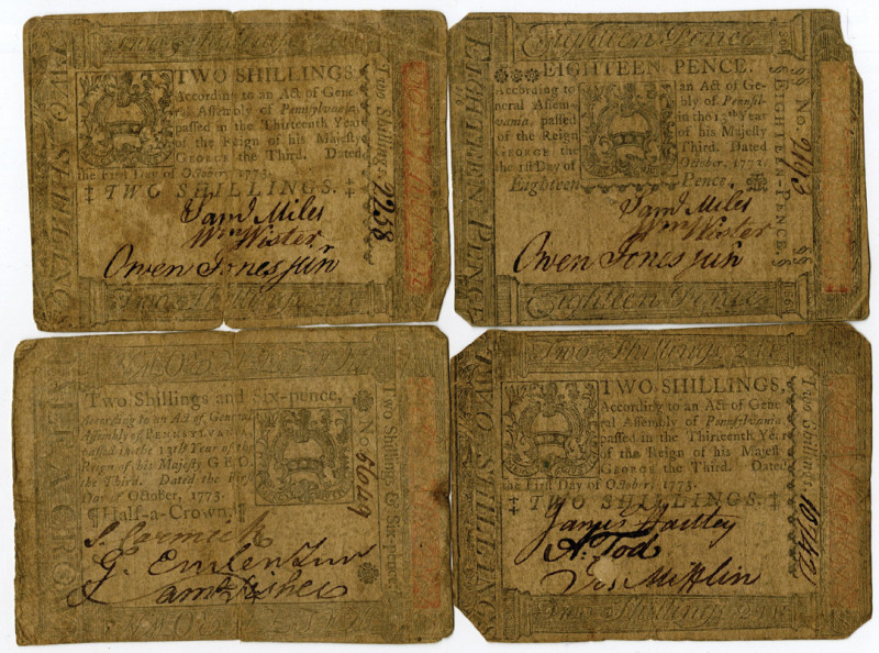 Pennsylvania Colonial Currency Quartet, October 1st, 1773 Signed by Samuel Miles...