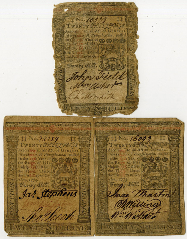 Pennsylvania Colonial Currency Trio, October 1st, 1773.
Pennsylvania, 1773. Lot...