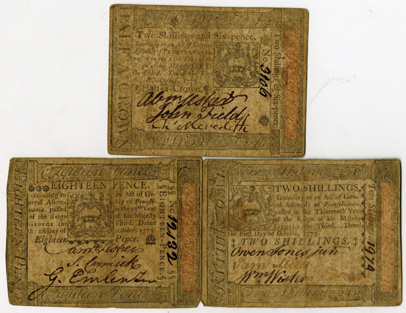 Pennsylvania Colonial Currency Trio, October 1st, 1773. Signed by Samuel Miles a...