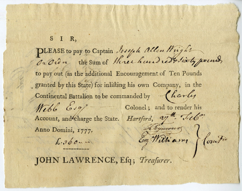 Continental Battalion, 1777 Promissory Note Issued to Captain Joseph Allen Wrigh...