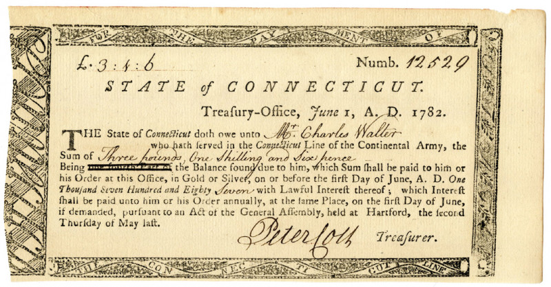 State of Connecticut, 1782 Treasury Office "Continental Army" Payment
Hartford,...