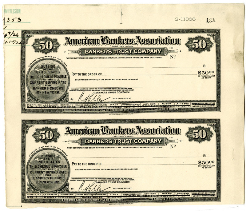 American Bankers Association, 1900-1920 Proof Uncut Travelers' Check Pair
New Y...