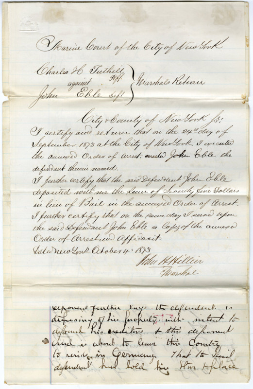 Marine Court of the City of New York, 1873 Order of Arrest Document
New York Ci...