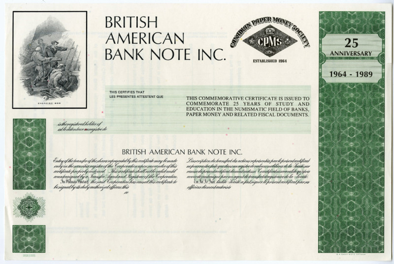 British American Bank Note Inc., 1989. Specimen Commemorative Stock Certificate....