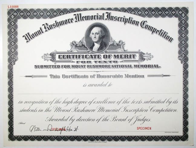 Mount Rushmore Memorial Inscription Competition Specimen Certificate
South Dako...