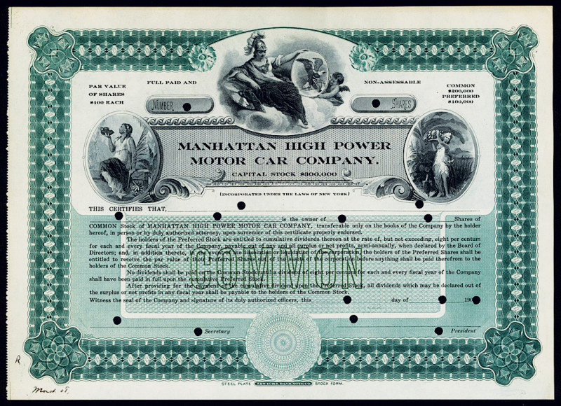 Manhattan High Power Motor Car Co., 1908 Specimen Stock Certificate Rarity
New ...