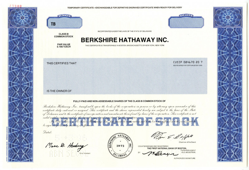 Berkshire Hathaway Inc. 1996 Specimen Stock Certificate with Warren Buffett Facs...