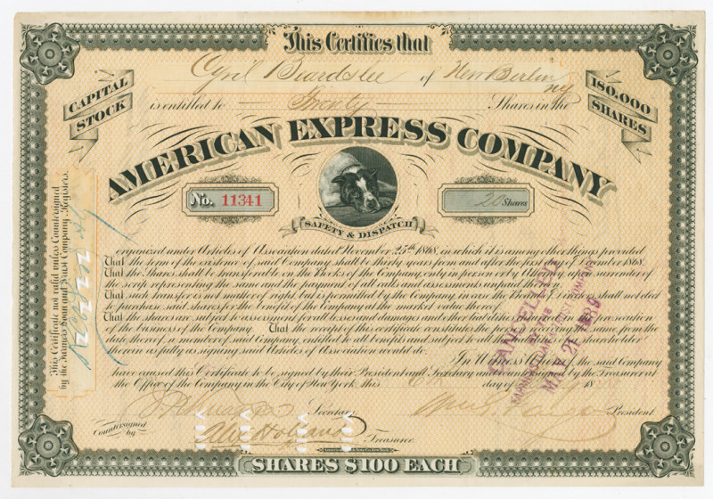 American Express Co., 1873 I/C Stock Certificate Signed by William Fargo as Pres...