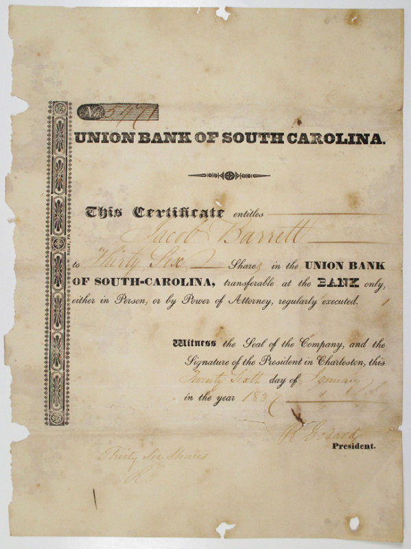 Union Bank of South Carolina 1837 I/U Stock Certificate
Charleston, South Carol...