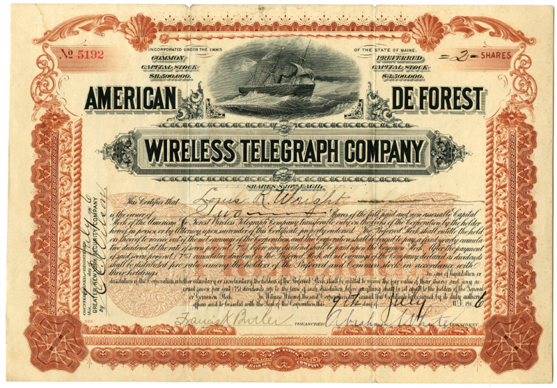 American de Forest Wireless Telegraph Co. 1906 I/U Stock Certificate
Maine, 190...