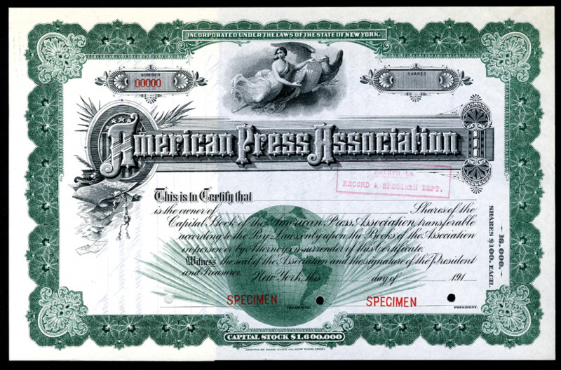 American Press Association, 1910-1919 Specimen Stock Certificate.
New York, 191...