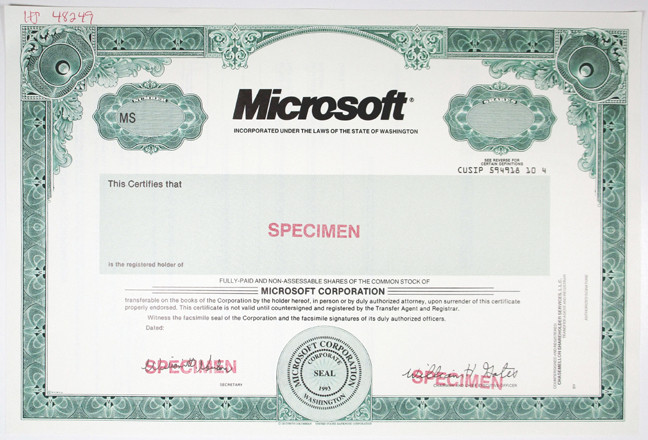 Microsoft Corp. ca. 1990-2000s Specimen Stock Certificate with William "Bill" Ga...