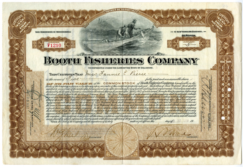 Booth Fisheries Co. 1919 I/U Stock Certificate
Alaska & Washington. (Inc. in De...