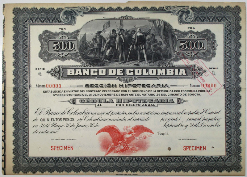 Banco de Colombia, 1924 Specimen Circulating Bond/Banknote
Colombia, ND (1924)....