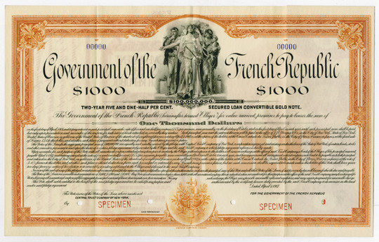 Government of the French Republic, 1917 Specimen Bond.
France, 1917, $1000, Spe...