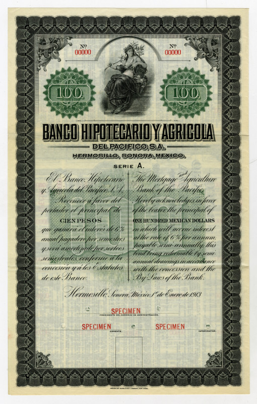 Banco Hipotecario Y Agricola Del Pacifico, S.A., 1913 Specimen Bond Payable in S...