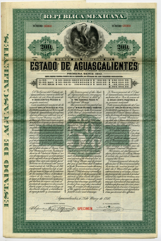 Estado De Aguascalientes, 1910 Specimen Bond. 
Aguascalientes, Mexico. 200 Peso...