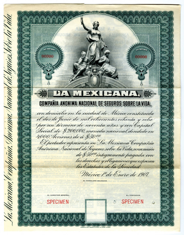 La Mexicana National Life Insurance Co. 1907 Specimen Bond
Mexico, 1907 Bond in...