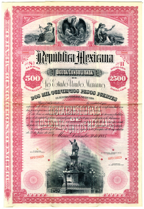 Republica Mexicana 1885 Specimen Bond Rarity
Mexico, 1885. 500 Libras Esterlina...