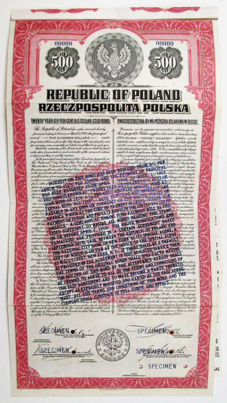 Republic of Poland 1920 (Reissued in 1938 with New Terms) Specimen Bond
Warsaw,...