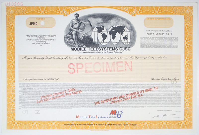 Mobile Telesystems OJSC, 2005 Specimen Stock Certificate
Russia, 2005. Odd Shar...