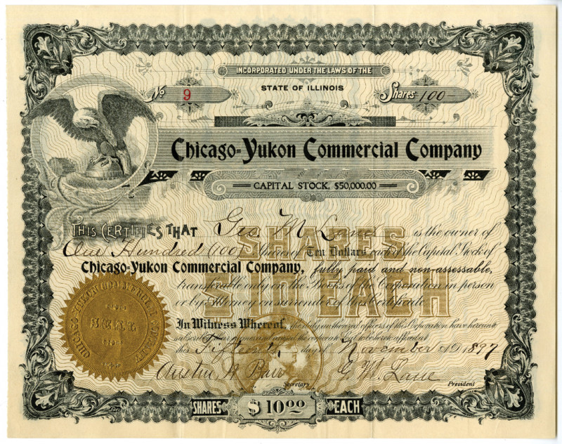 Chicago-Yukon Commercial Co.1897. I/U Stock Certificate
Alaska. (Inc. in Illino...