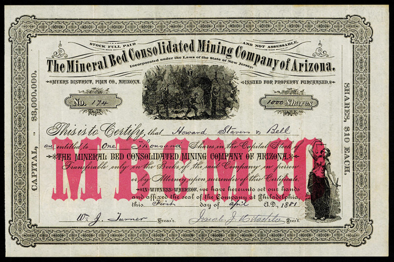 Mineral Bed Consolidated Mining Company of Arizona, 1881 I/U Stock Certificate
...