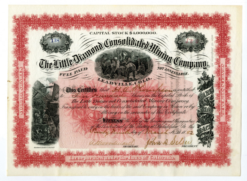 Little Diamond Consolidated Mining Co. 1882 I/U Stock Certificate
Leadville, CO...