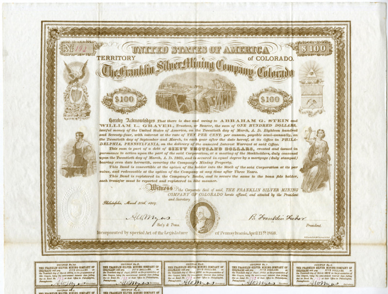 Franklin Silver Mining Co. of Colorado, 1869 Issued Bond Signed by Benjamin Fran...